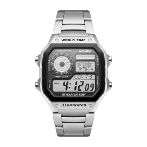 ساعت Casio AE‑1200WHD‑1A مشهور به Casio Royale، با بند استیل، قابلیت World Time و مقاومت آبی 100 متر، استفاده شده در فیلم Casino Royale (2006)