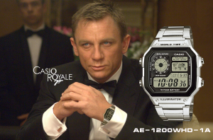 ساعت Casio AE‑1200WHD‑1A مشهور به Casio Royale، با بند استیل، قابلیت World Time و مقاومت آبی 100 متر، استفاده شده در فیلم Casino Royale (2006)