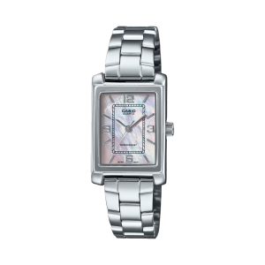 Casio LTP‑1234DS‑4AD women’s watch, square stainless‑steel case, light‑pink dial, silver hands and numbers, Japanese quartz movement, folding clasp bracelet, retro 90s style, 30 m water resistant, minimal and elegant look for everyday wear.