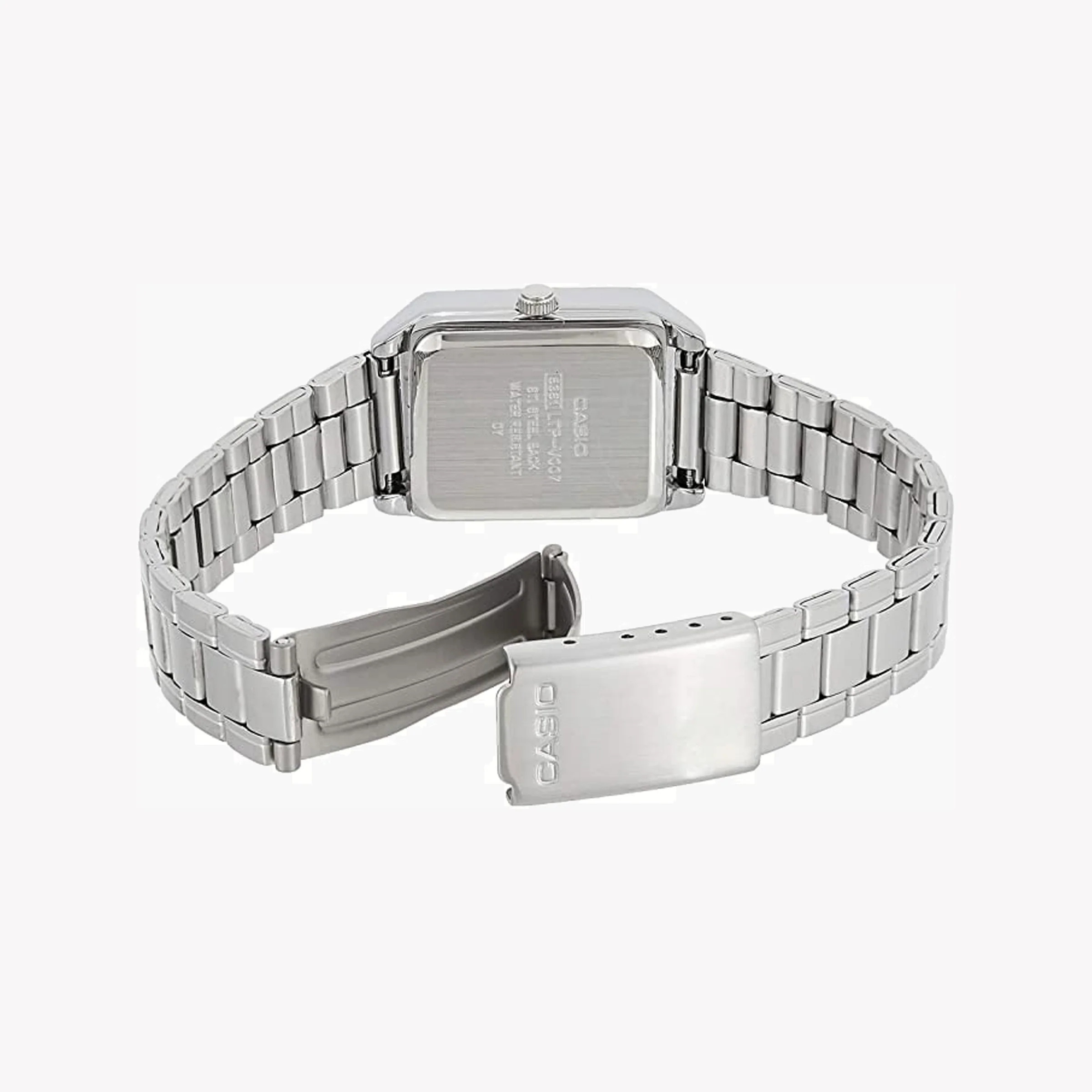 LTP-V007D-2EUDF-PIC6 ساعت زنانه Casio LTP‑V007D‑2EUDF با طراحی مربعی کلاسیک، صفحه سفید و بند استیل ضدزنگ