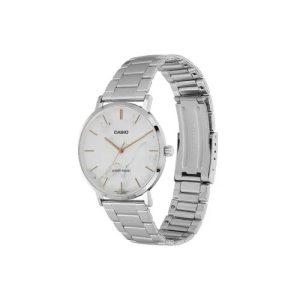ساعت Casio MTP‑VT01DM‑7AUDF با صفحه سفید مینیمال، موتور کوارتز و بند استیل ضدزنگ، مقاومت آبی 30 متر