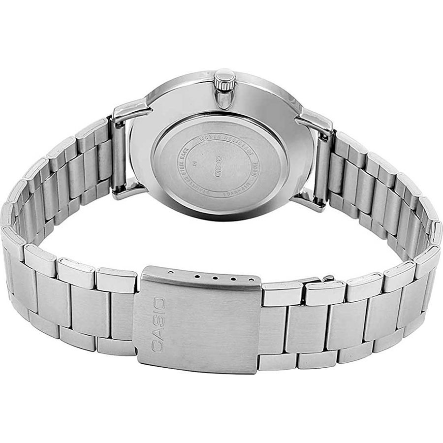 MTP-VT01DM-7AUDF-PIC5 ساعت Casio MTP‑VT01DM‑7AUDF با صفحه سفید مینیمال، موتور کوارتز و بند استیل ضدزنگ، مقاومت آبی 30 متر