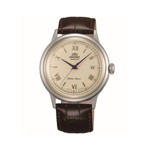 ساعت مچی مردانه اورینت بامبینو مدل AC00009W (FAC00009W0) رنگ کرمی با عقربه‌های آبی، بند چرمی قهوه‌ای و صفحه گنبدی کلاسیک؛ ساعت اتوماتیک اصل ژاپنی مناسب استایل رسمی و روزمره