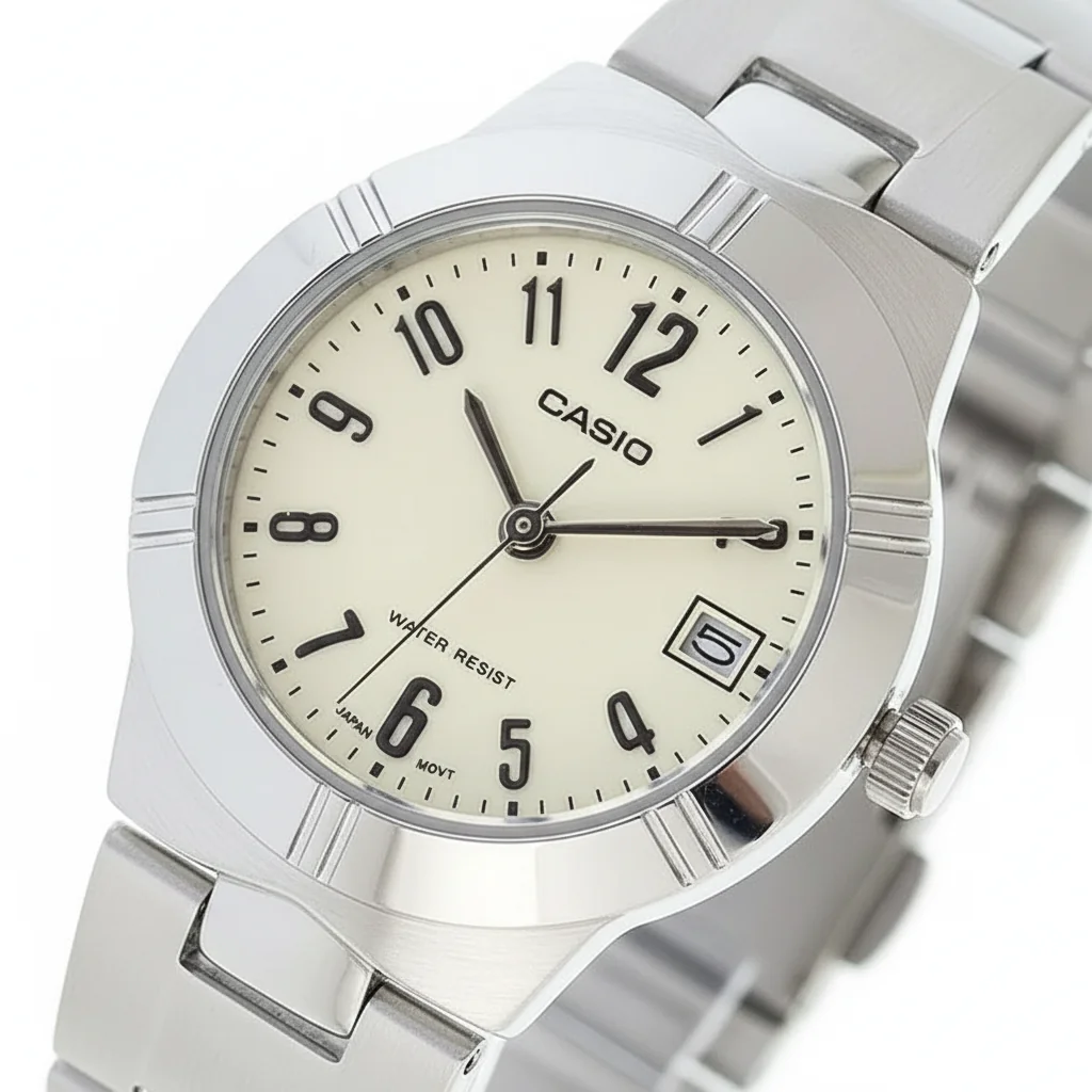 TP-1241D-7A2DF-حهز2 ساعت زنانه Casio LTP‑1241D‑7A2DF با صفحه سفید کلاسیک و بند استیل ضدزنگ