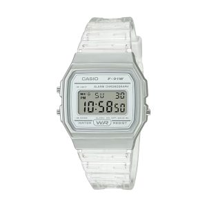 Casio F‑91WS‑7DF transparent digital wristwatch with crystal clear resin case and strap, ultra‑light 21 g, classic LCD display, 7‑year battery, 30 m water resistance, clear ice look from Casio Thailand Transparent Series.