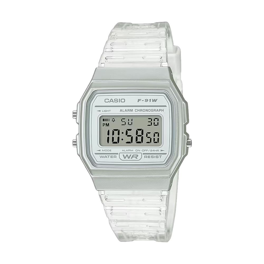 f-91ws-7-pic1 Casio F‑91WS‑7DF transparent digital wristwatch with crystal clear resin case and strap, ultra‑light 21 g, classic LCD display, 7‑year battery, 30 m water resistance, clear ice look from Casio Thailand Transparent Series.