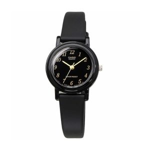 ساعت مچی زنانه Casio LQ‑139AMV‑1 با صفحه مشکی ساده، قاب مشکی سبک و بند رزینی مشکی؛ طراحی کوچک، مینیمال و فوق‌سبک مناسب استفاده روزمره