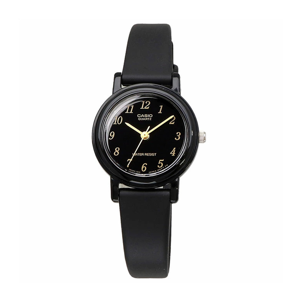 10-LQ139AMV-5 ساعت مچی زنانه Casio LQ‑139AMV‑1 با صفحه مشکی ساده، قاب مشکی سبک و بند رزینی مشکی؛ طراحی کوچک، مینیمال و فوقسبک مناسب استفاده روزمره
