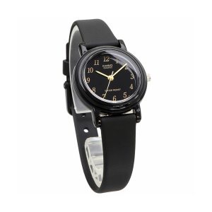 ساعت مچی زنانه Casio LQ‑139AMV‑1 با صفحه مشکی ساده، قاب مشکی سبک و بند رزینی مشکی؛ طراحی کوچک، مینیمال و فوق‌سبک مناسب استفاده روزمره