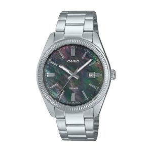 ساعت مچی مردانه Casio MTP‑1302DS‑1AV با صفحه مشکی صدفی (Mother of Pearl)، قاب و بند استیل نقره‌ای، نمایش تاریخ، شیشه مینرال و مقاومت آب ۵۰ متر؛ مناسب استایل رسمی و کلاسیک لوکس