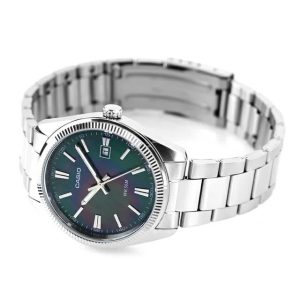 ساعت مچی مردانه Casio MTP‑1302DS‑1AV با صفحه مشکی صدفی (Mother of Pearl)، قاب و بند استیل نقره‌ای، نمایش تاریخ، شیشه مینرال و مقاومت آب ۵۰ متر؛ مناسب استایل رسمی و کلاسیک لوکس
