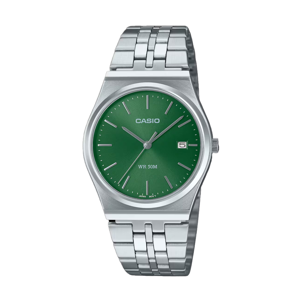 6-MTP-B145D-3A-9 ساعت مچی مردانه Casio MTP‑B145D‑3AVDF با صفحه سبز کلاسیک، قاب و بند استیل نقرهای، طراحی دهههشتادی و مقاومت آب تا ۵۰ متر؛ مناسب استایل روزمره و نیمهرسمی