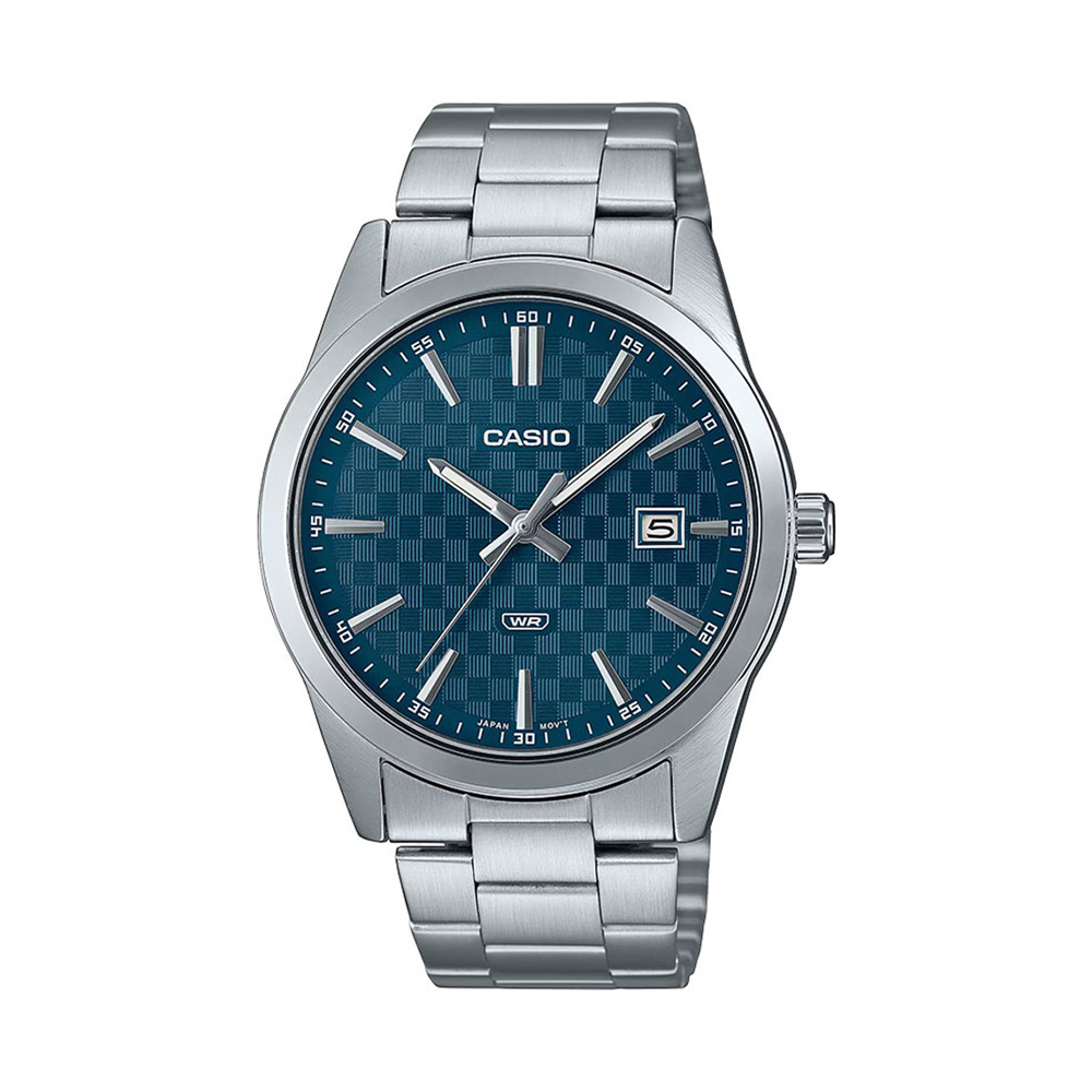 8-mtp-vd03d-2a2-2 ساعت مچی مردانه Casio MTP‑VD03D‑2A2 با صفحه آبی تیره، قاب و بند استیل نقرهای، طراحی ساده و کلاسیک با نمایش تاریخ و مقاومت آب روزمره؛ مناسب استایل روزمره و اداری