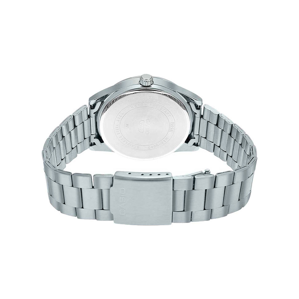 8-mtp-vd03d-2a2-5 ساعت مچی مردانه Casio MTP‑VD03D‑2A2 با صفحه آبی تیره، قاب و بند استیل نقرهای، طراحی ساده و کلاسیک با نمایش تاریخ و مقاومت آب روزمره؛ مناسب استایل روزمره و اداری
