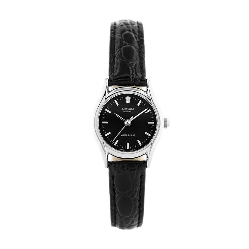 9-LTP-1094E-1ARDF-3 ساعت مچی زنانه Casio LTP‑1094E‑1ARDF با صفحه مشکی کلاسیک، قاب نقرهای براق و بند چرمی مشکی باریک؛ طراحی کوچک و ظریف مناسب استایل روزمره و مینیمال