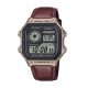 ساعت مچی دیجیتال Casio AE‑1200WHL‑5AVDF با صفحه دیجیتال چندمنظوره، قاب رزینی نقره‌ای، بند چرمی قهوه‌ای، نمایش جهانی زمان (World Time)، نور LED، کرنومتر و مقاومت آب ۱۰۰ متر؛ مناسب استایل روزمره و اسپرت