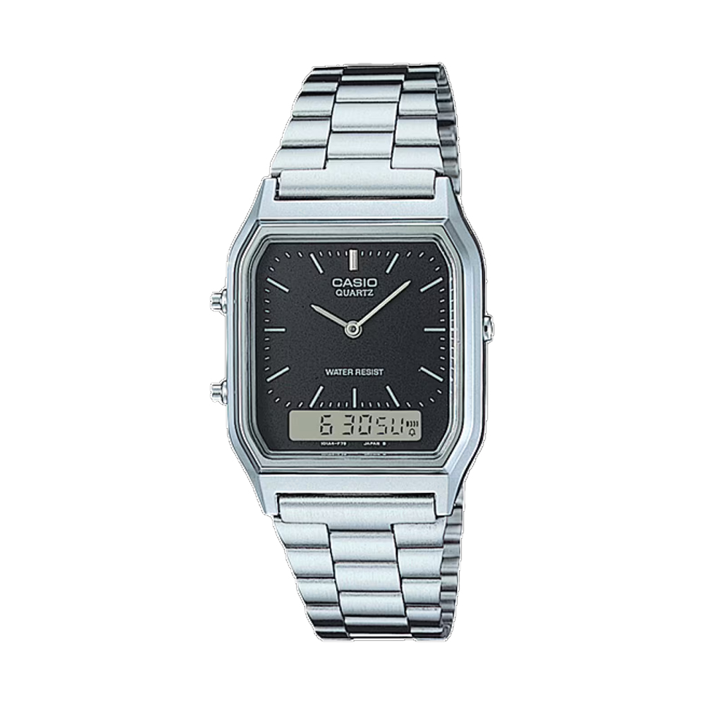 AQ-230A-1DMQ-1 ساعت مچی دیجیتال‑آنالوگ Casio AQ‑230A‑1DMQ با صفحه مشکی، نمایش ترکیبی آنالوگ و دیجیتال، قاب استیل نقرهای، بند استیل کلاسیک، آلارم روزانه و طراحی رترو؛ مناسب استایل مینیمال و وینتیج ساعت کاسیو AQ-230A-1DMQ رترو آنالوگ دیجیتال با بند استیل نقرهای