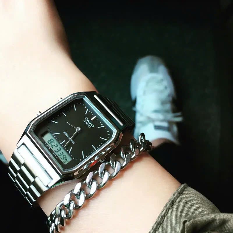 AQ-230A-1DMQ-3 ساعت مچی دیجیتال‑آنالوگ Casio AQ‑230A‑1DMQ با صفحه مشکی، نمایش ترکیبی آنالوگ و دیجیتال، قاب استیل نقرهای، بند استیل کلاسیک، آلارم روزانه و طراحی رترو؛ مناسب استایل مینیمال و وینتیج ساعت کاسیو AQ-230A-1DMQ رترو آنالوگ دیجیتال با بند استیل نقرهای
