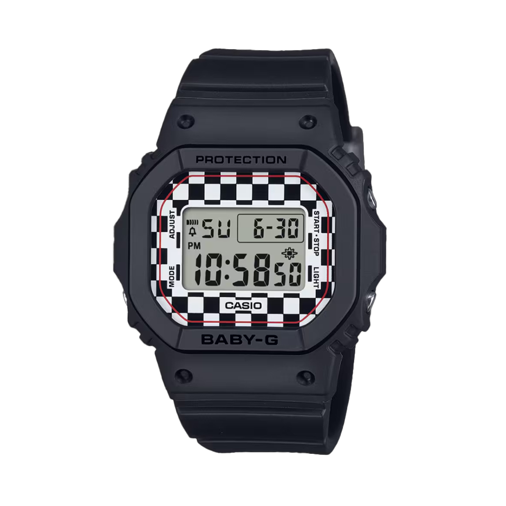 BGD-565GS-1DR-4 ساعت مچی زنانه Casio Baby‑G BGD‑565GS‑1 دیجیتال با بدنه مشکی مات، صفحه گلیتر طلایی، مقاومت ضربه، مقاومت آب ۱۰۰ متر، نور پسزمینه LED و طراحی اسپرت مدرن مناسب استایل روزمره