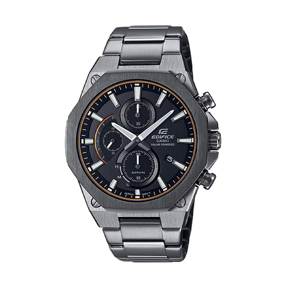 EFS-S570DC-1A-1 Edifice سولار کرنوگراف صفحه مشکی قاب و بند استیل مشکی شیشه Sapphire ضخامت 9.7 mm مقاومت آب 100 متر
