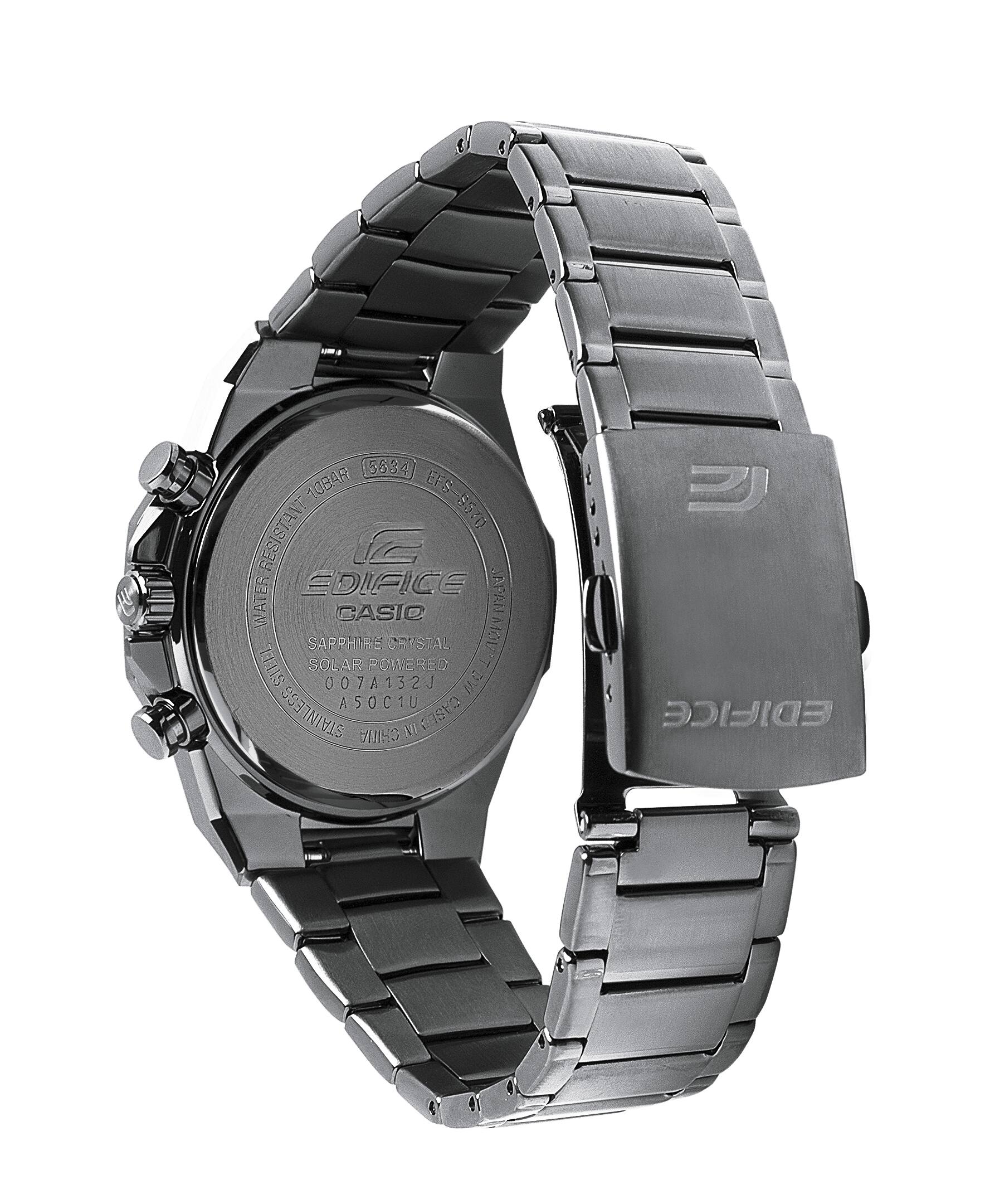 EFS-S570DC-1A_BACK_2 copy copy Edifice سولار کرنوگراف صفحه مشکی قاب و بند استیل مشکی شیشه Sapphire ضخامت 9.7 mm مقاومت آب 100 متر