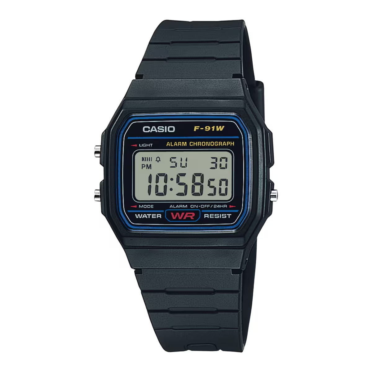 F-91W-1DG-5 ساعت مچی دیجیتال Casio F‑91W‑1DG با صفحه دیجیتال کلاسیک، قاب و بند رزین مشکی، نور پسزمینه LED، آلارم روزانه، کرنومتر و طراحی فوقسبک؛ مناسب استفاده روزمره