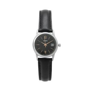 ساعت مچی زنانه Casio LTP‑V002L‑1B3UDF با صفحه مشکی کلاسیک، قاب استیل نقره‌ای، بند چرمی مشکی، اعداد رومی طلایی‌رنگ و شیشه مینرال؛ مناسب استایل رسمی و روزمره