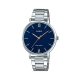 ساعت مچی زنانه Casio LTP‑VT01D‑2B با صفحه آبی مینیمال، قاب و بند استیل نقره‌ای، شیشه مینرال و مقاومت آب روزمره؛ مناسب استایل رسمی و روزانه