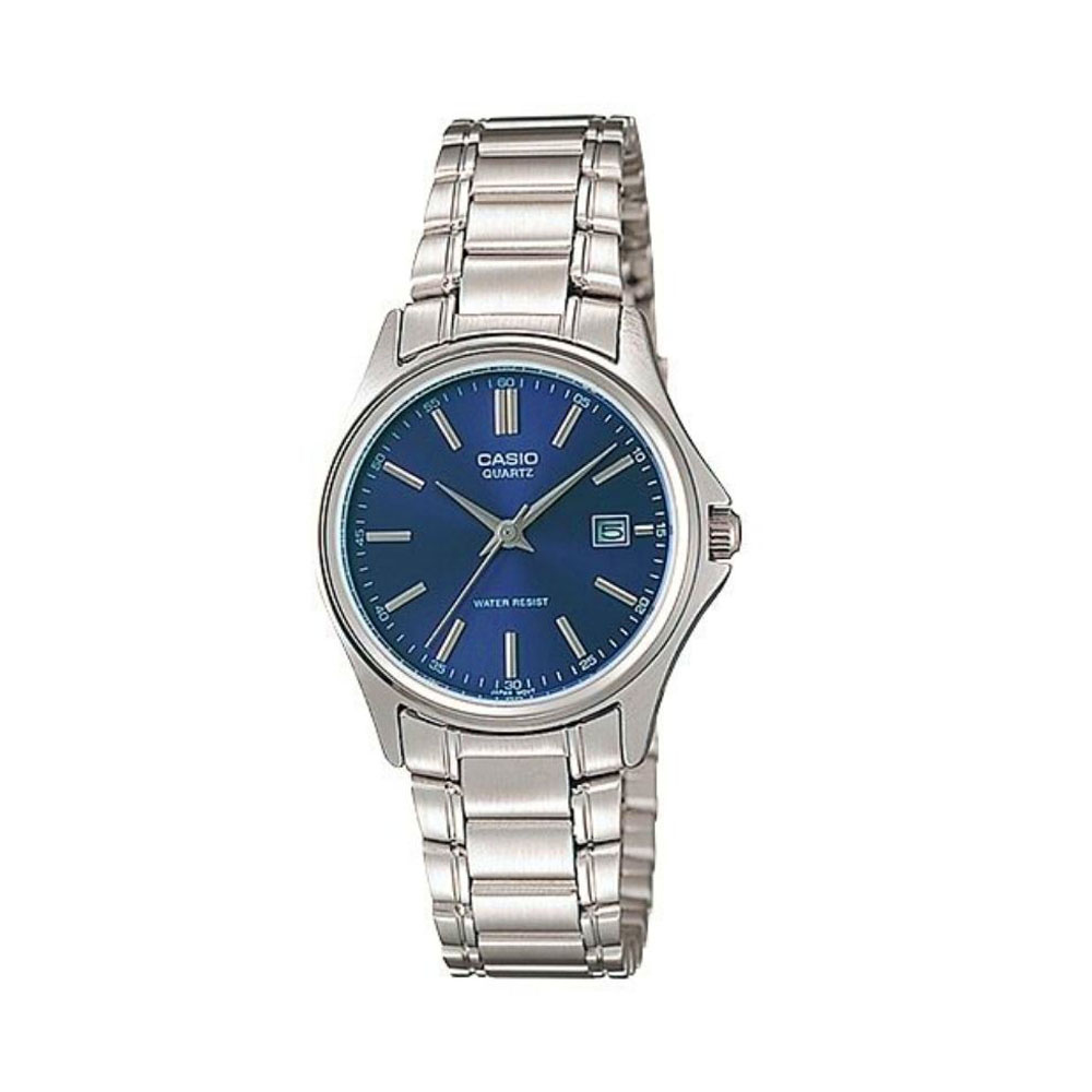MTP-1183A-2A_woman ساعت مچی زنانه Casio LTP‑1183A‑2ADF با صفحه آبی، اعداد رومی نقرهای، نمایش روز و تاریخ، قاب و بند استیل نقرهای و طراحی کلاسیک مناسب استفاده روزمره و رسمی