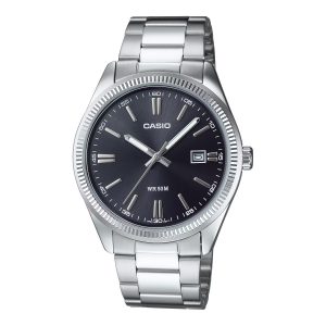 ساعت مچی مردانه Casio MTP‑1302D‑1A1 با صفحه مشکی کلاسیک، قاب و بند استیل نقره‌ای، نمایش تاریخ، شیشه مینرال و مقاومت آب ۵۰ متر؛ مناسب استایل رسمی و روزمره