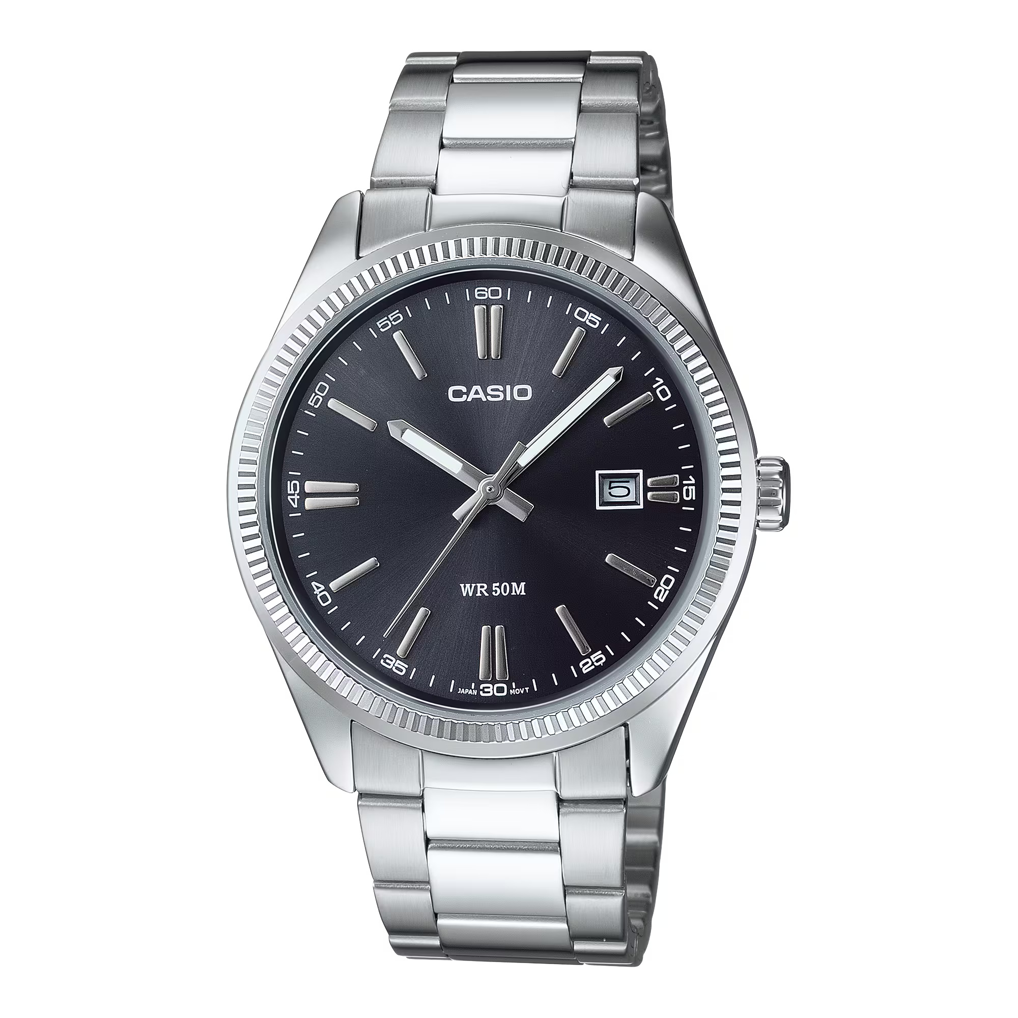 MTP-1302PD-1A1V_1 ساعت مچی مردانه Casio MTP‑1302D‑1A1 با صفحه مشکی کلاسیک، قاب و بند استیل نقرهای، نمایش تاریخ، شیشه مینرال و مقاومت آب ۵۰ متر؛ مناسب استایل رسمی و روزمره