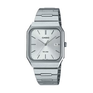 ساعت مچی مردانه Casio MTP‑B185D‑7AVDF با صفحه سفید مینیمال، قاب و بند استیل نقره‌ای، نمایش تاریخ، شیشه مینرال و مقاومت آب ۵۰ متر؛ طراحی کلاسیک مناسب استایل رسمی و روزمره