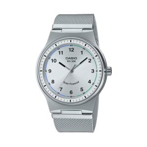 ساعت مچی مردانه Casio MTP‑RS105M‑7B با صفحه سفید نقره‌ای (Silver‑White Dial)، قاب استیل نقره‌ای، بند حصیری (Mesh) استیل، نمایش آنالوگ مینیمال و موتور کوارتز دقیق؛ مناسب استایل رسمی و روزمره شیک ساعت کاسیو MTP-RS105M-7BVDF کلاسیک مردانه با بند حصیری استیل