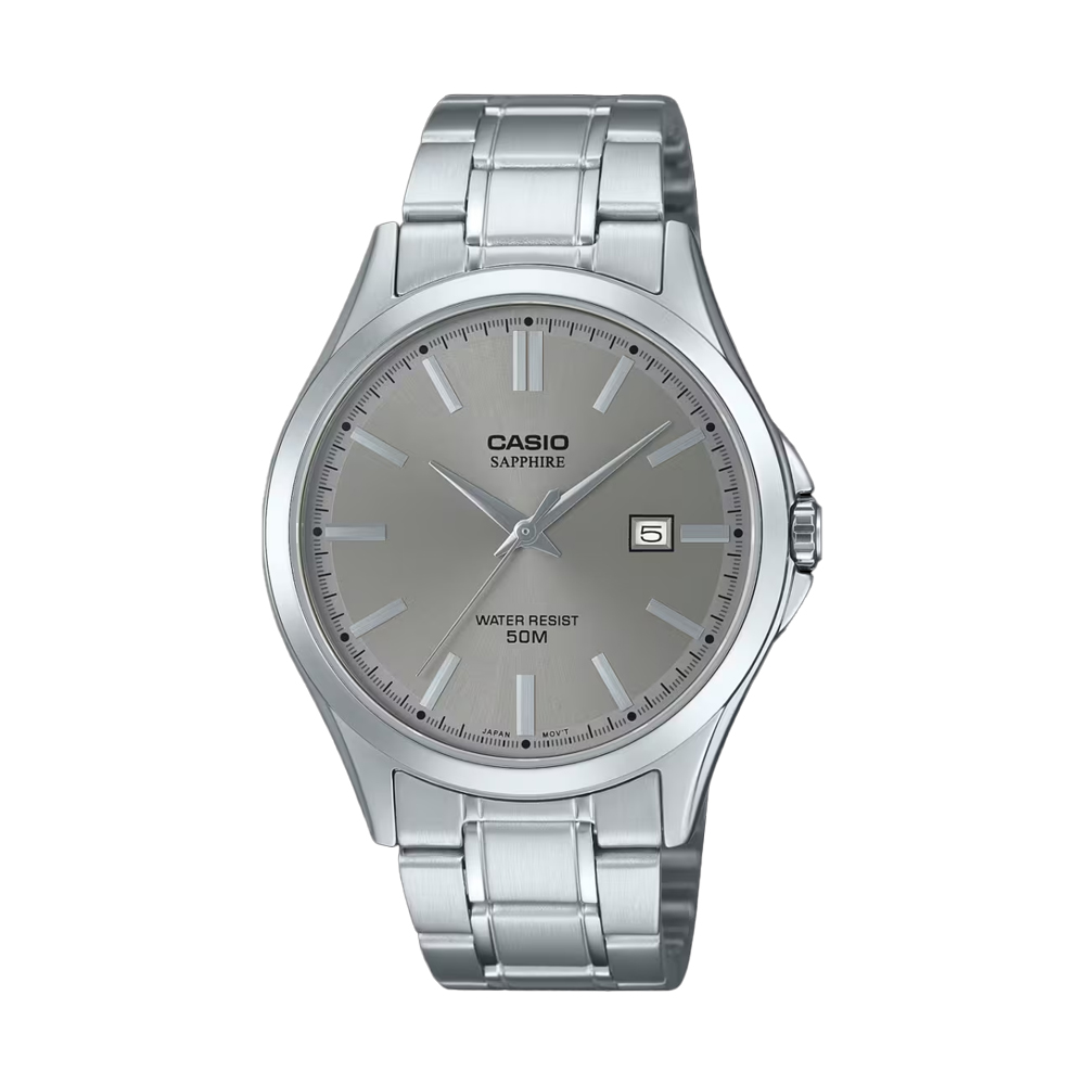 MTS-115D-8AV-9 ساعت مچی مردانه Casio MTS‑115D‑8AV با صفحه نقرهای خاکستری، قاب و بند استیل نقرهای، شیشه یاقوت کبود ضدخش، موتور کوارتز و مقاومت آب ۵۰ متر؛ مناسب استایل رسمی و نیمهرسمی