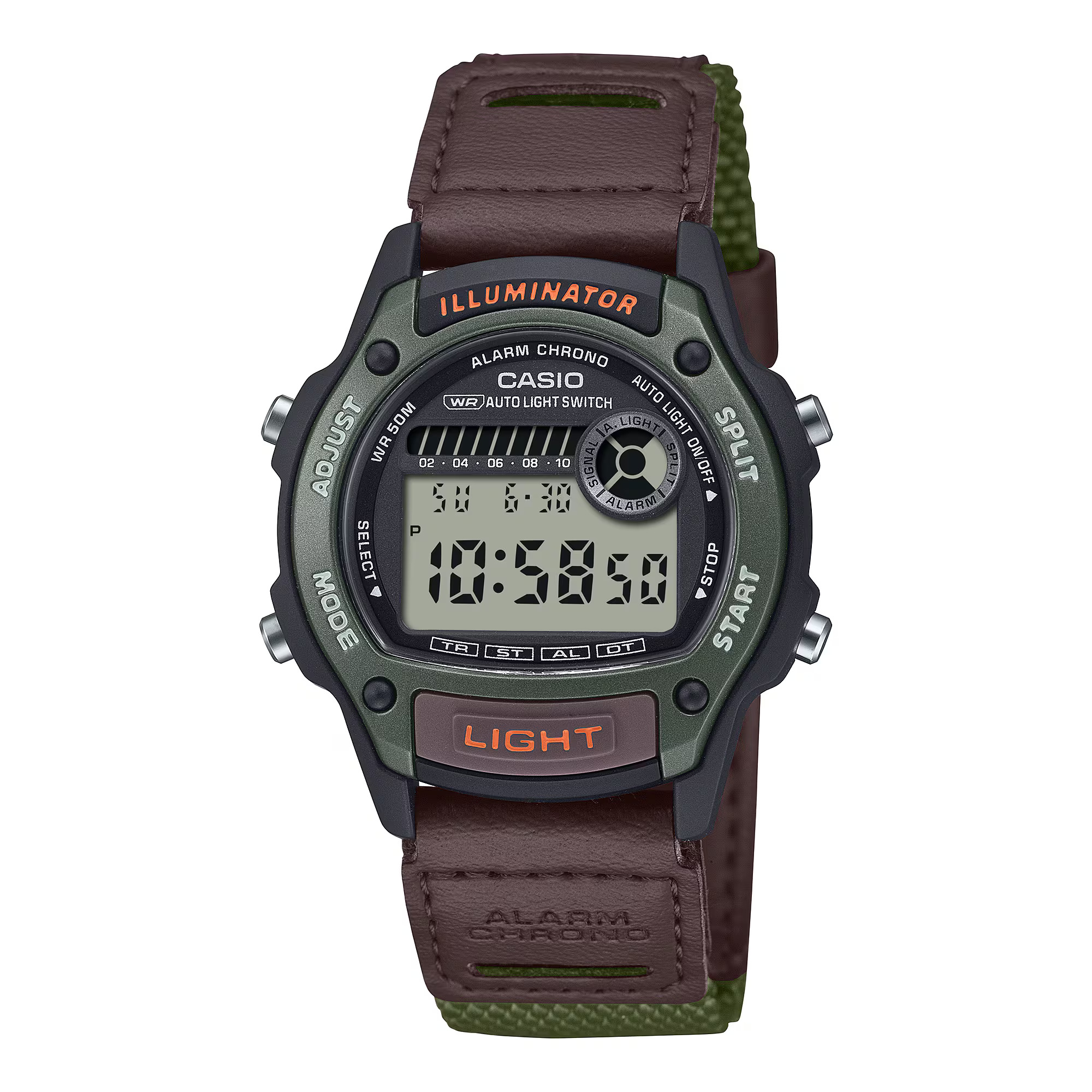 W-220HF-3AV-2 ساعت مچی دیجیتال Casio W‑220HF‑3AV با قاب رزینی سبز زیتونی، بند رزین مشکی، نمایش دیجیتال چندمنظوره، کرنومتر، تایمر و مقاومت آب ۱۰۰ متر؛ مناسب استفاده روزمره و ورزشی