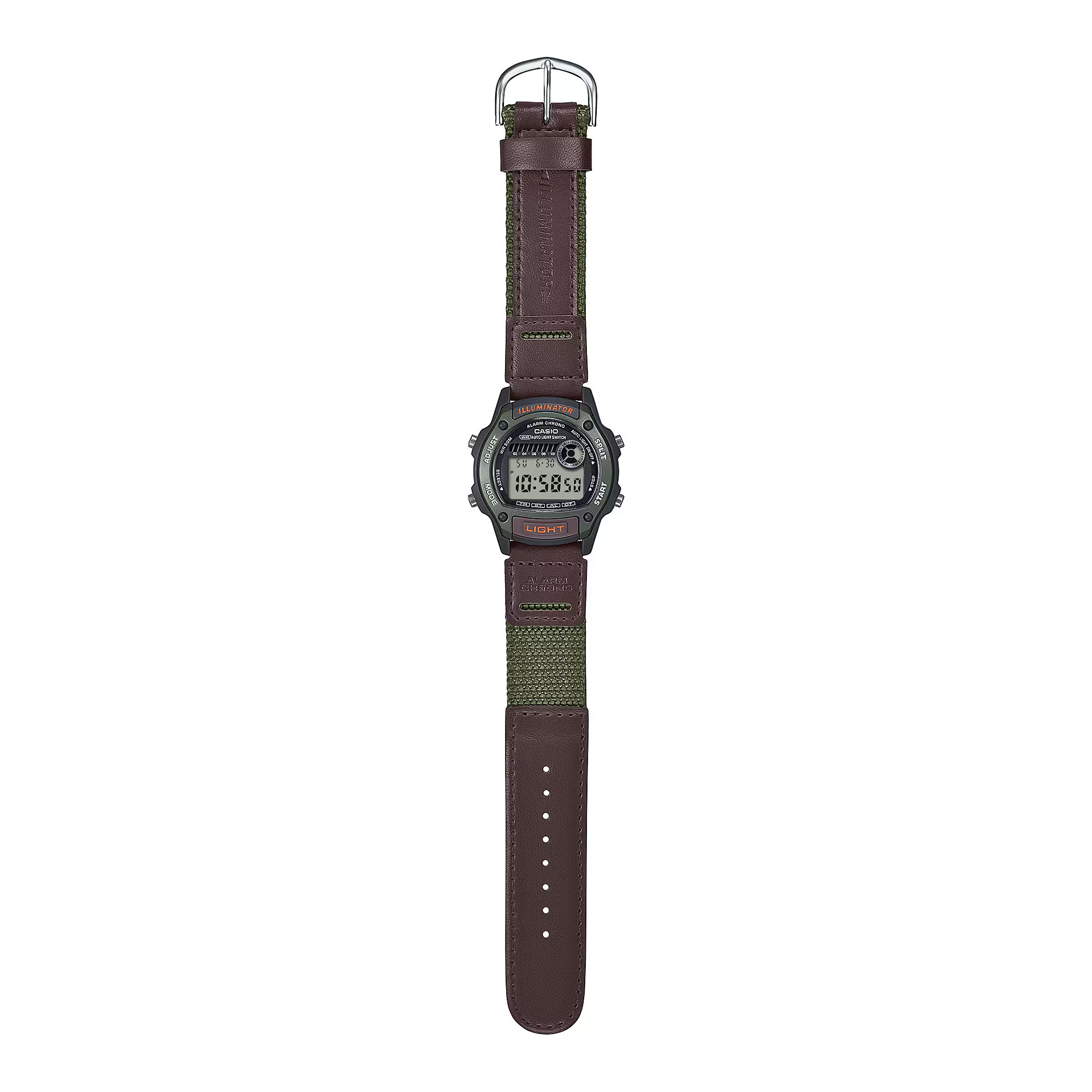 W-220HF-3AV-3 ساعت مچی دیجیتال Casio W‑220HF‑3AV با قاب رزینی سبز زیتونی، بند رزین مشکی، نمایش دیجیتال چندمنظوره، کرنومتر، تایمر و مقاومت آب ۱۰۰ متر؛ مناسب استفاده روزمره و ورزشی