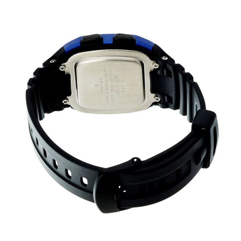 W-96H-2A-3 ساعت مچی دیجیتال مردانه Casio W‑96H‑2A با صفحه آبی، قاب و بند رزین مشکی، نمایش ساعت، تاریخ و روز هفته، نور LED و مقاومت 50 متری در برابر آب؛ مناسب استفاده روزمره و اسپرت