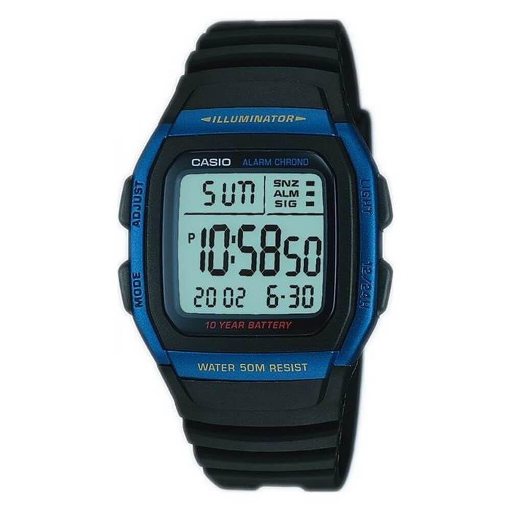 Casio W‑96H‑2A ساعت مچی دیجیتال مردانه Casio W‑96H‑2A با صفحه آبی، قاب و بند رزین مشکی، نمایش ساعت، تاریخ و روز هفته، نور LED و مقاومت 50 متری در برابر آب؛ مناسب استفاده روزمره و اسپرت