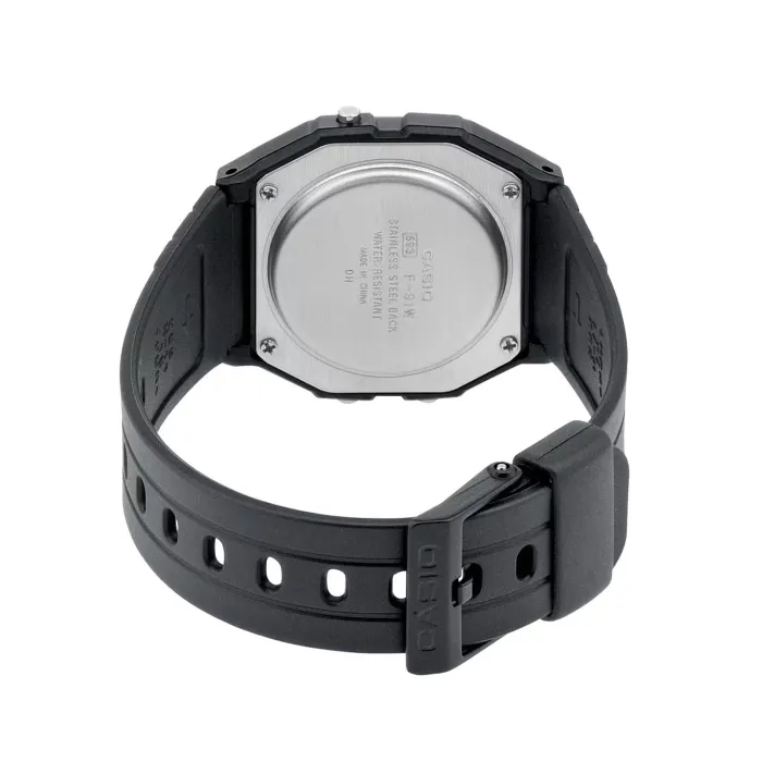 f-91w-1y-01 ساعت مچی دیجیتال Casio F‑91W‑1DG با صفحه دیجیتال کلاسیک، قاب و بند رزین مشکی، نور پسزمینه LED، آلارم روزانه، کرنومتر و طراحی فوقسبک؛ مناسب استفاده روزمره
