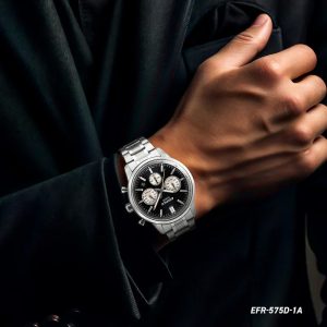 ساعت مچی مردانه Casio Edifice EFR‑575D‑1A با صفحه مشکی کرنوگراف و بند استیل نقره‌ای