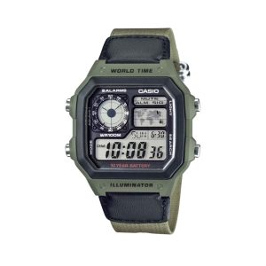 ساعت دیجیتال Casio AE-1200WHB-3B با بند پارچه‌ای سبز زیتونی