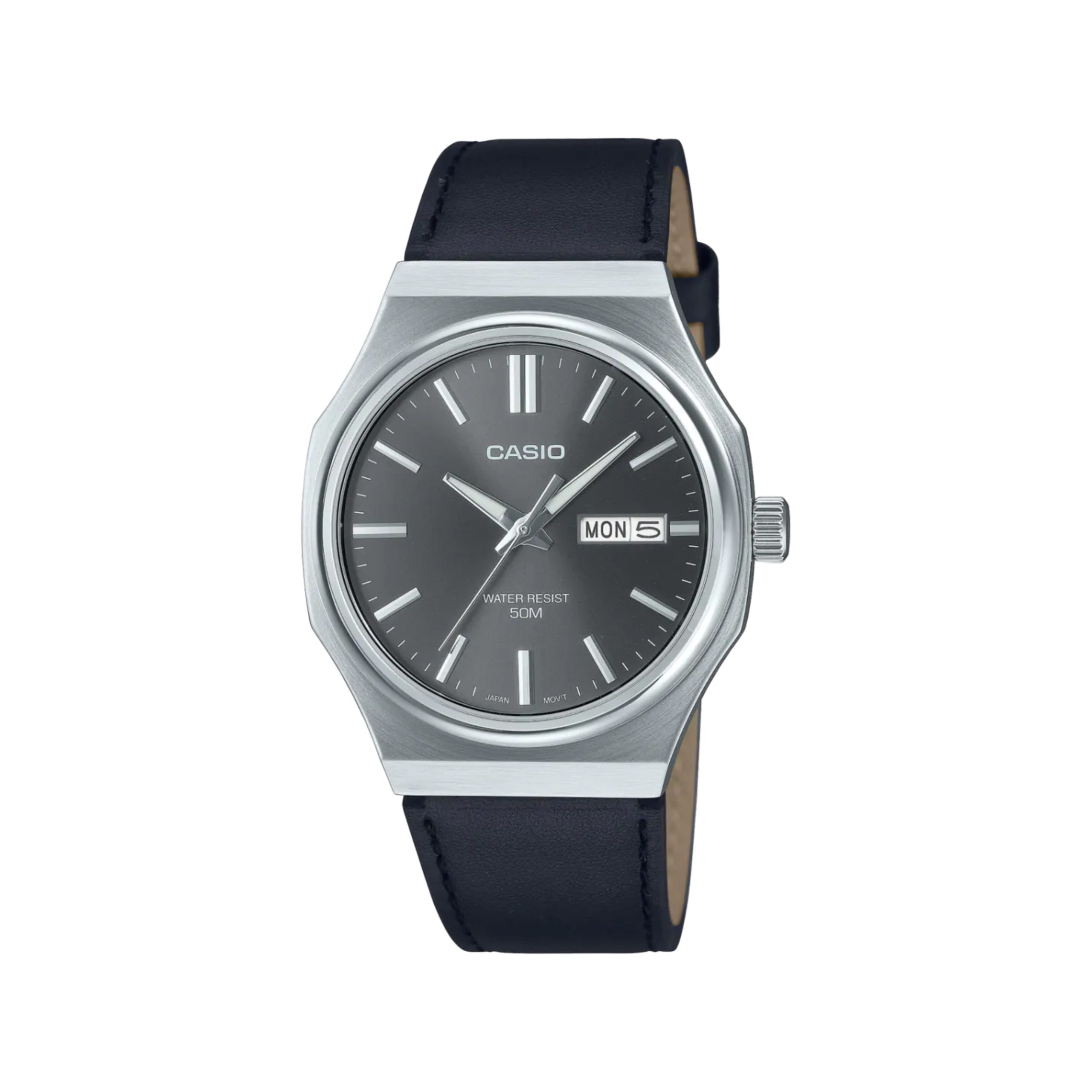 Casio-MTP-E735L-8A (4) ساعت مردانه کاسیو MTP-E735L-8A با صفحه نقرهای و بند چرمی
