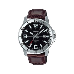 ساعت مچی مردانه کاسیو مدل Casio MTP-VD01L-1B با صفحه مشکی و بند چرمی قهوه‌ای