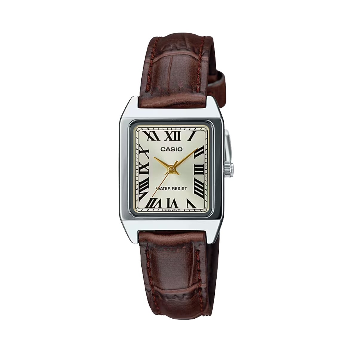 Casio-LTP-V007G-9B-2 ساعت کلاسیک زنانه کاسیو طرح تانک با بند چرمی قهوه ای روی مچ دست